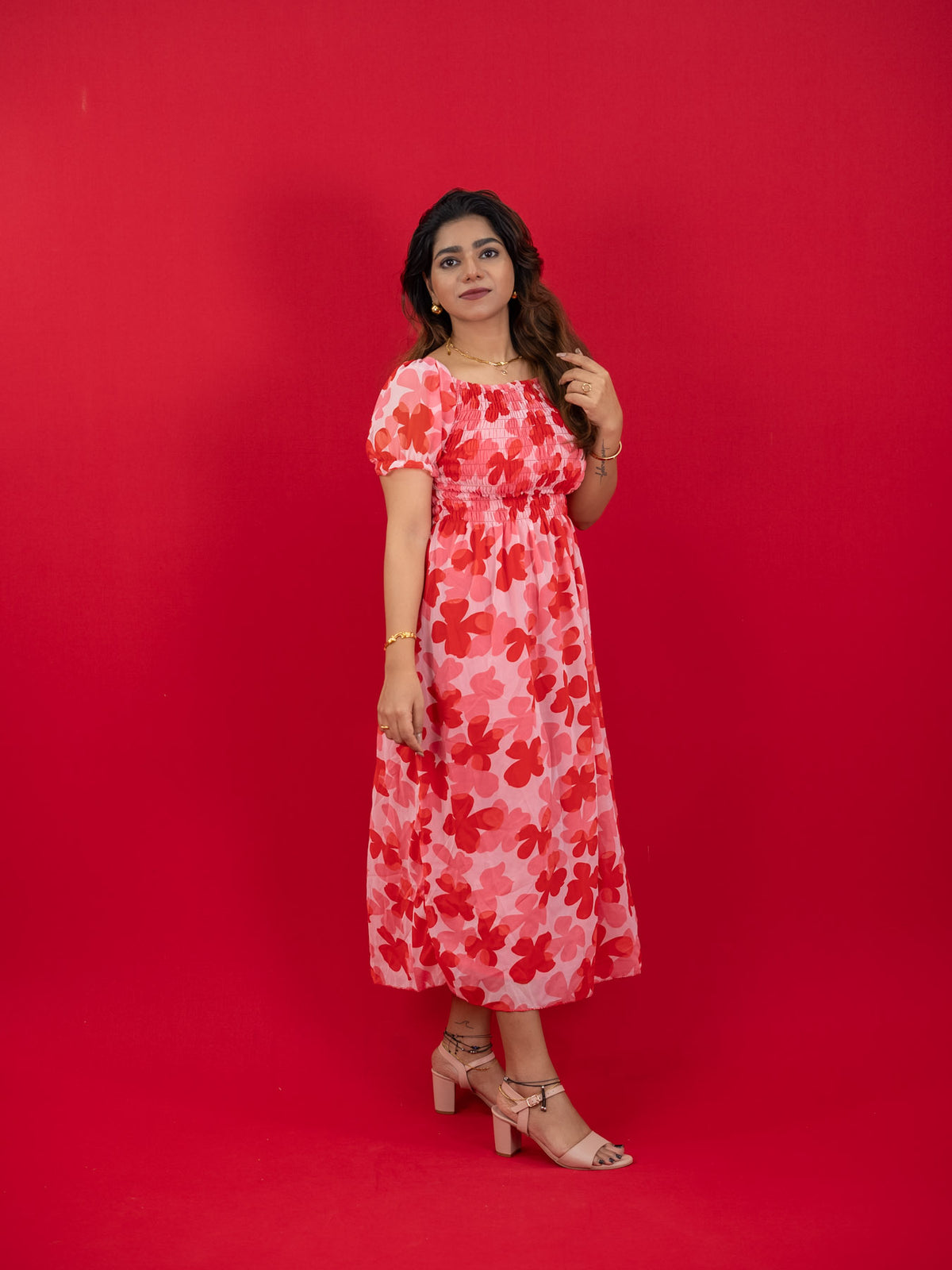 Floral Printed Casual Dress For Women (Half-Sleeve), Red dress with floral print