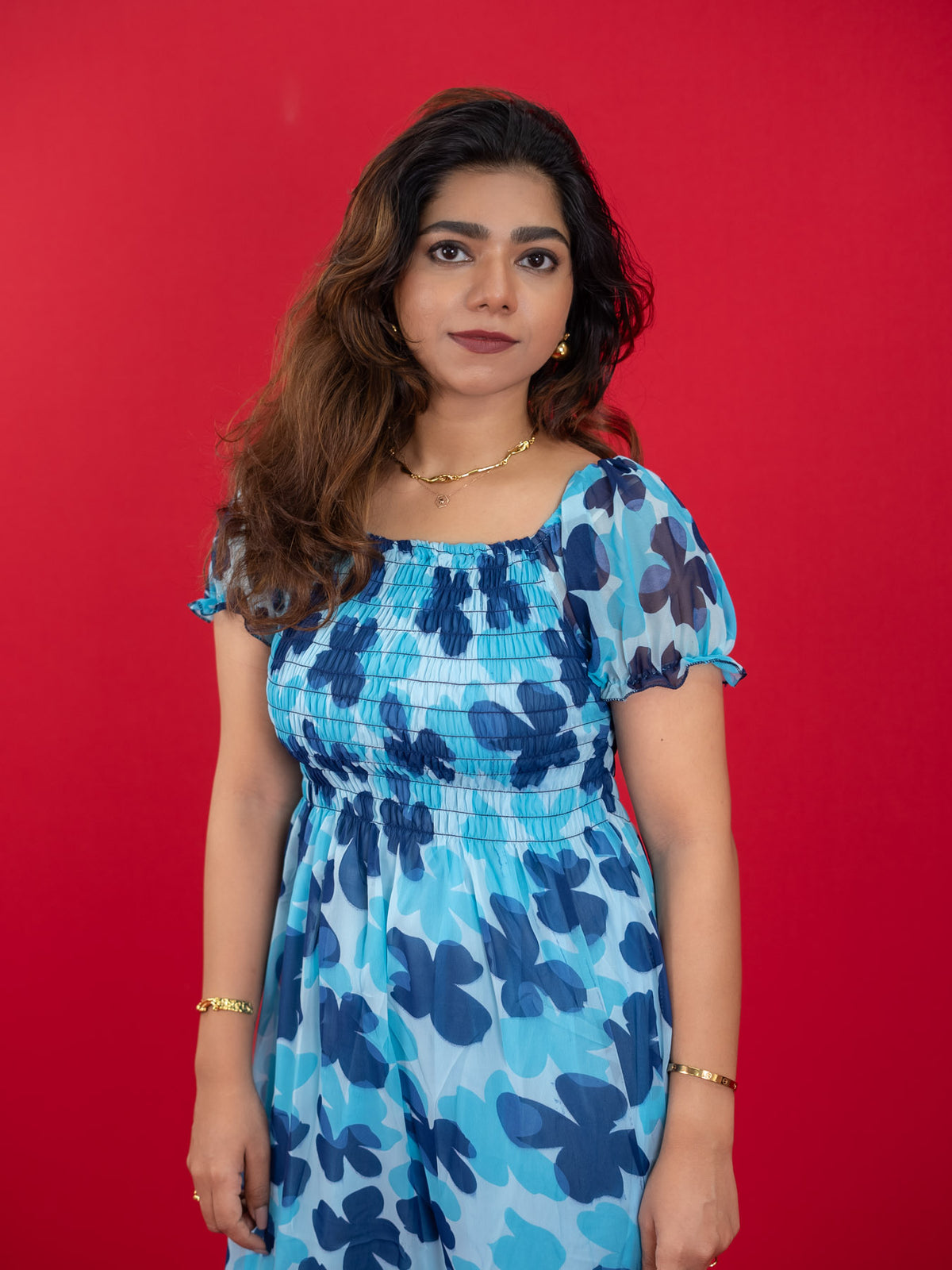 Floral Printed Casual Dress For Women (Half-Sleeve), blue dress with floral print