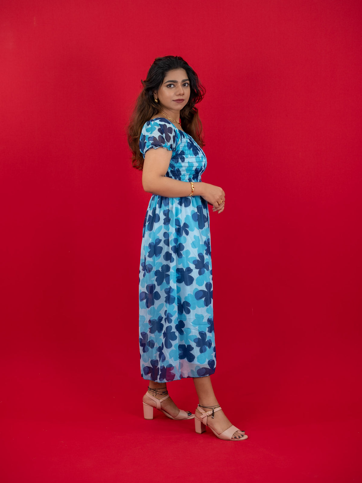 Floral Printed Casual Dress For Women (Half-Sleeve), blue dress with floral print