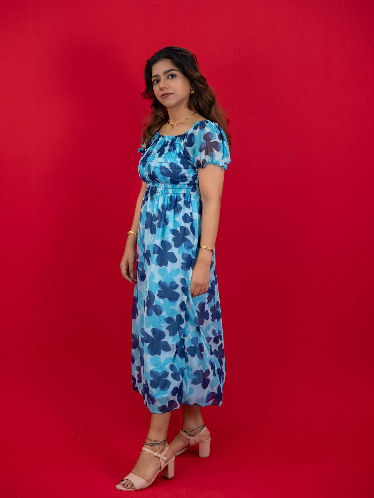 Floral Printed Casual Dress For Women (Half-Sleeve), blue dress with floral print