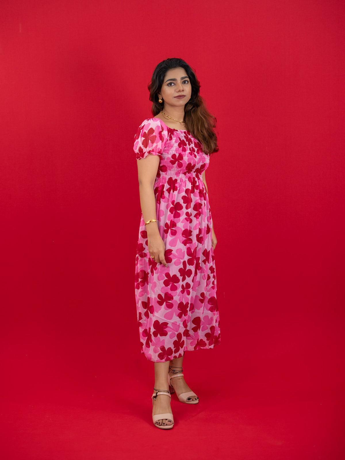 Floral Printed Casual Dress For Women (Half-Sleeve), pink dress with floral print