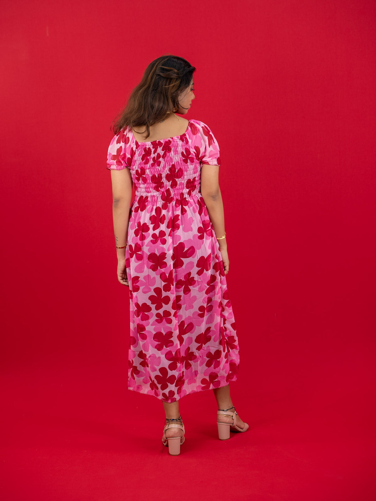 Floral Printed Casual Dress For Women (Half-Sleeve), pink dress with floral print