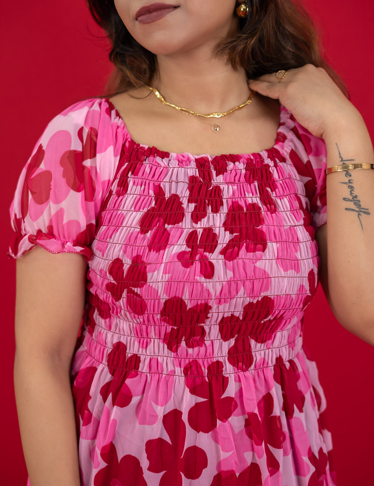 Floral Printed Casual Dress For Women (Half-Sleeve), pink dress with floral print