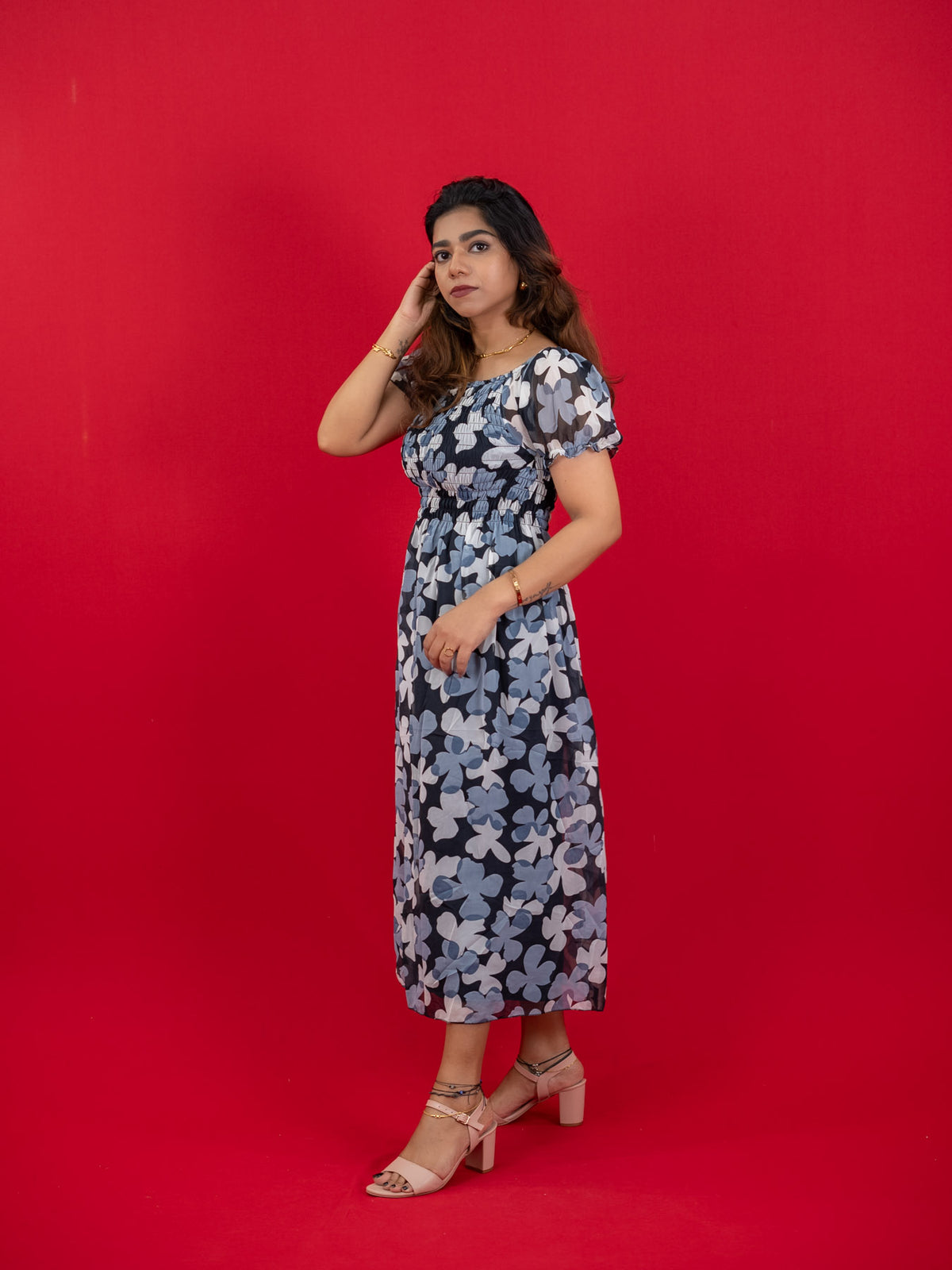 Floral Printed Casual Dress For Women (Half-Sleeve), Black dress with floral print