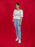 Women's Floral Smocking Waist Half Sleeve White Top, white floral print crop top for women