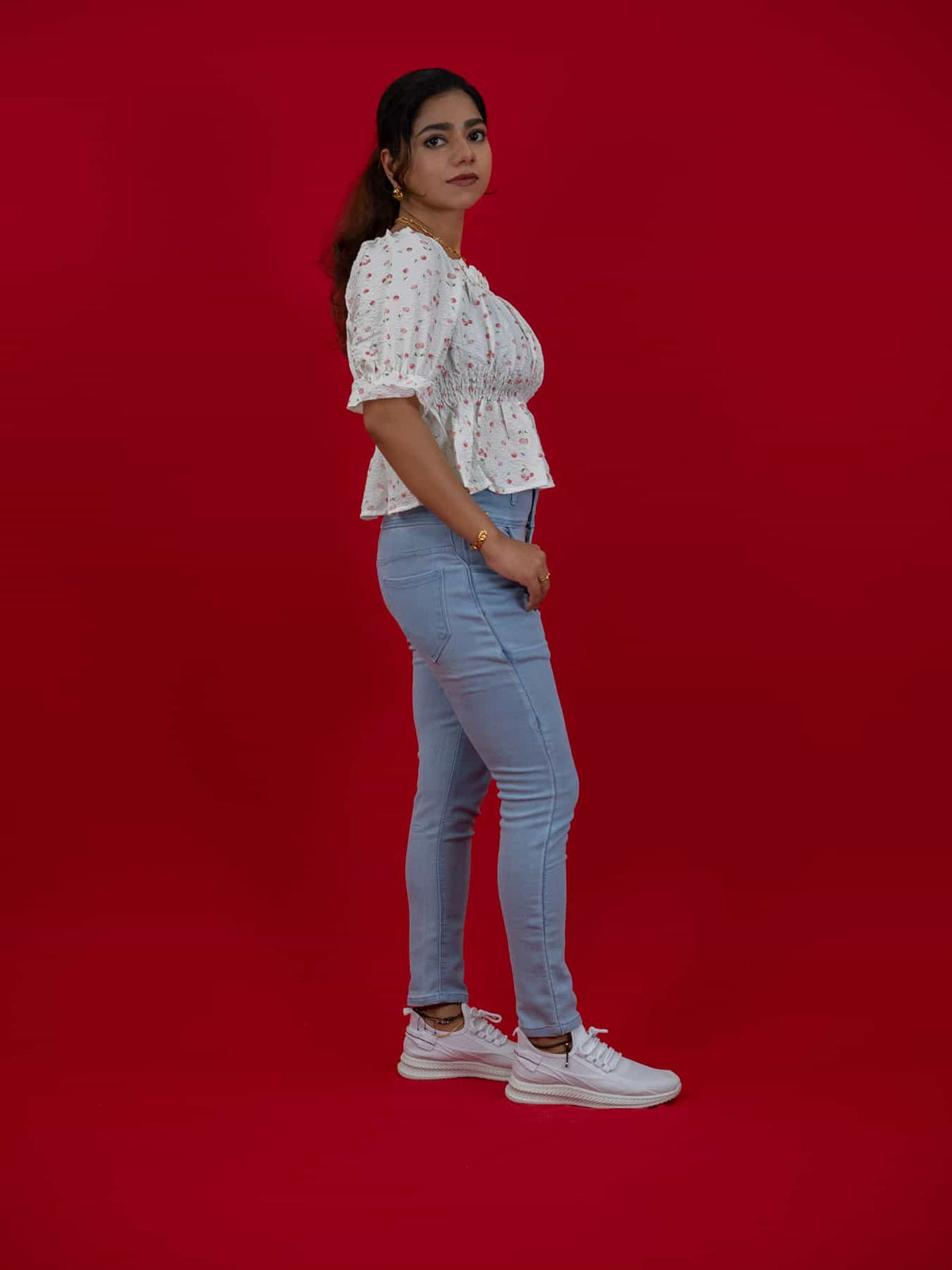 Women's Floral Smocking Waist Half Sleeve White Top, white floral print crop top for women