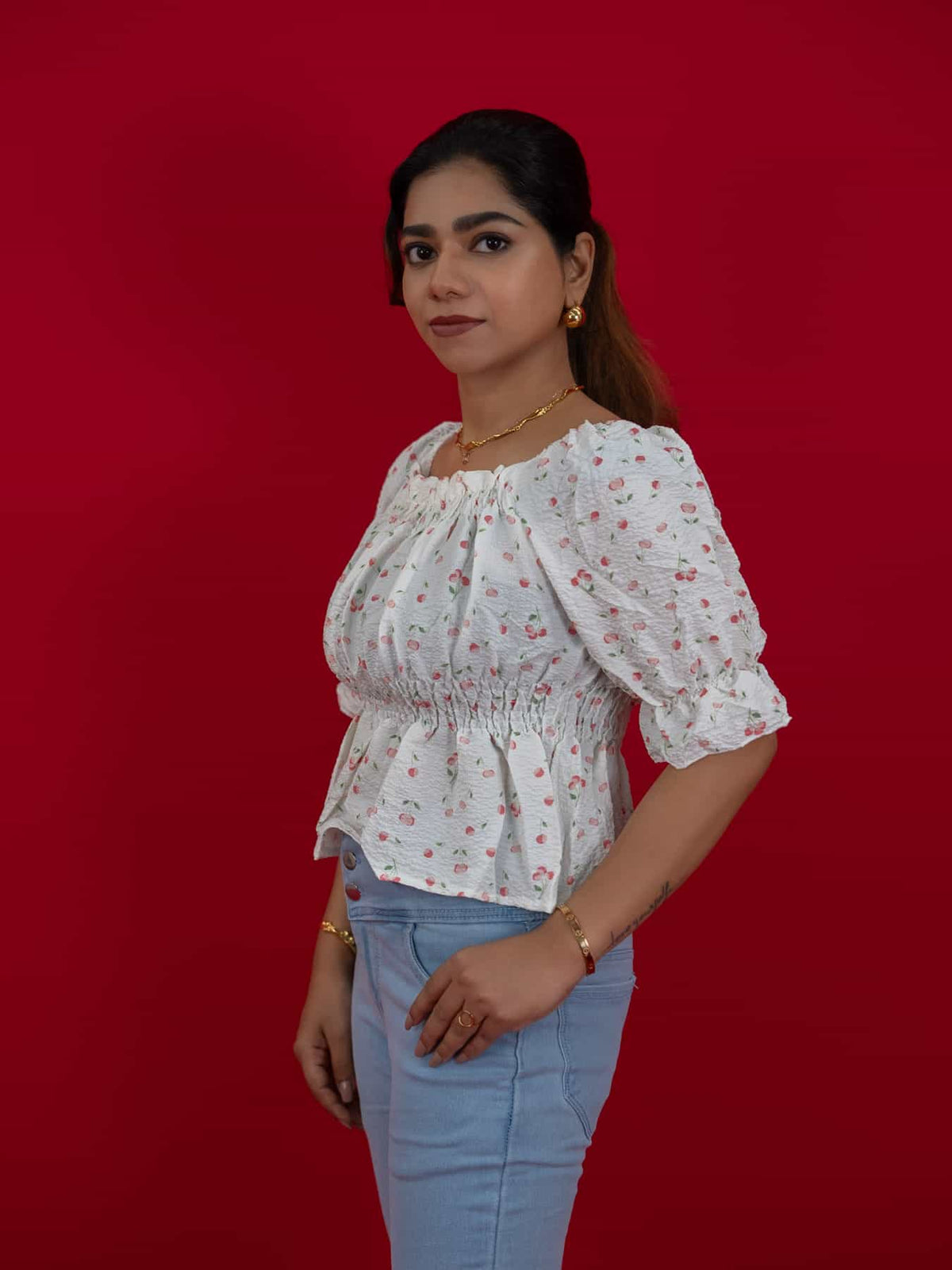 Women's Floral Smocking Waist Half Sleeve White Top, white floral print crop top for women