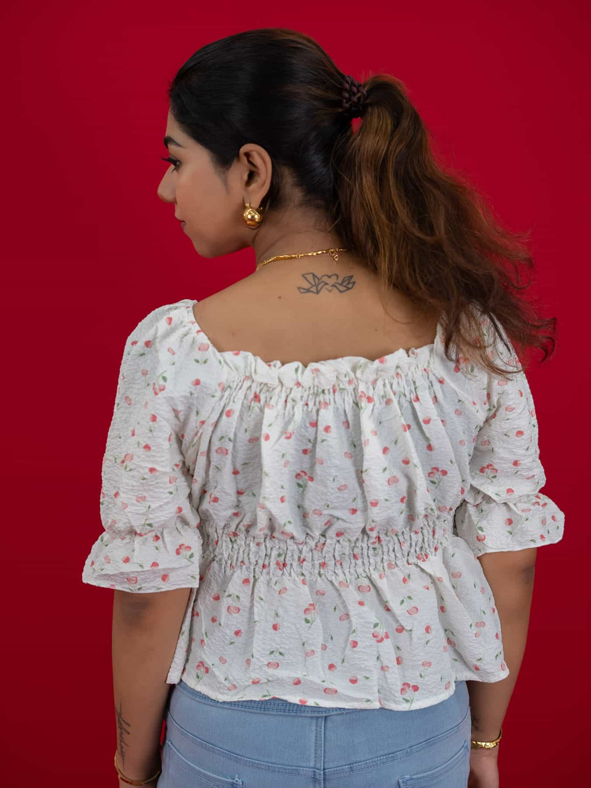 Women's Floral Smocking Waist Half Sleeve White Top, white floral print crop top for women