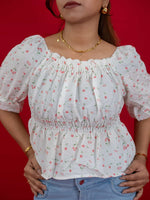 Women's Floral Smocking Waist Half Sleeve White Top, white floral print crop top for women