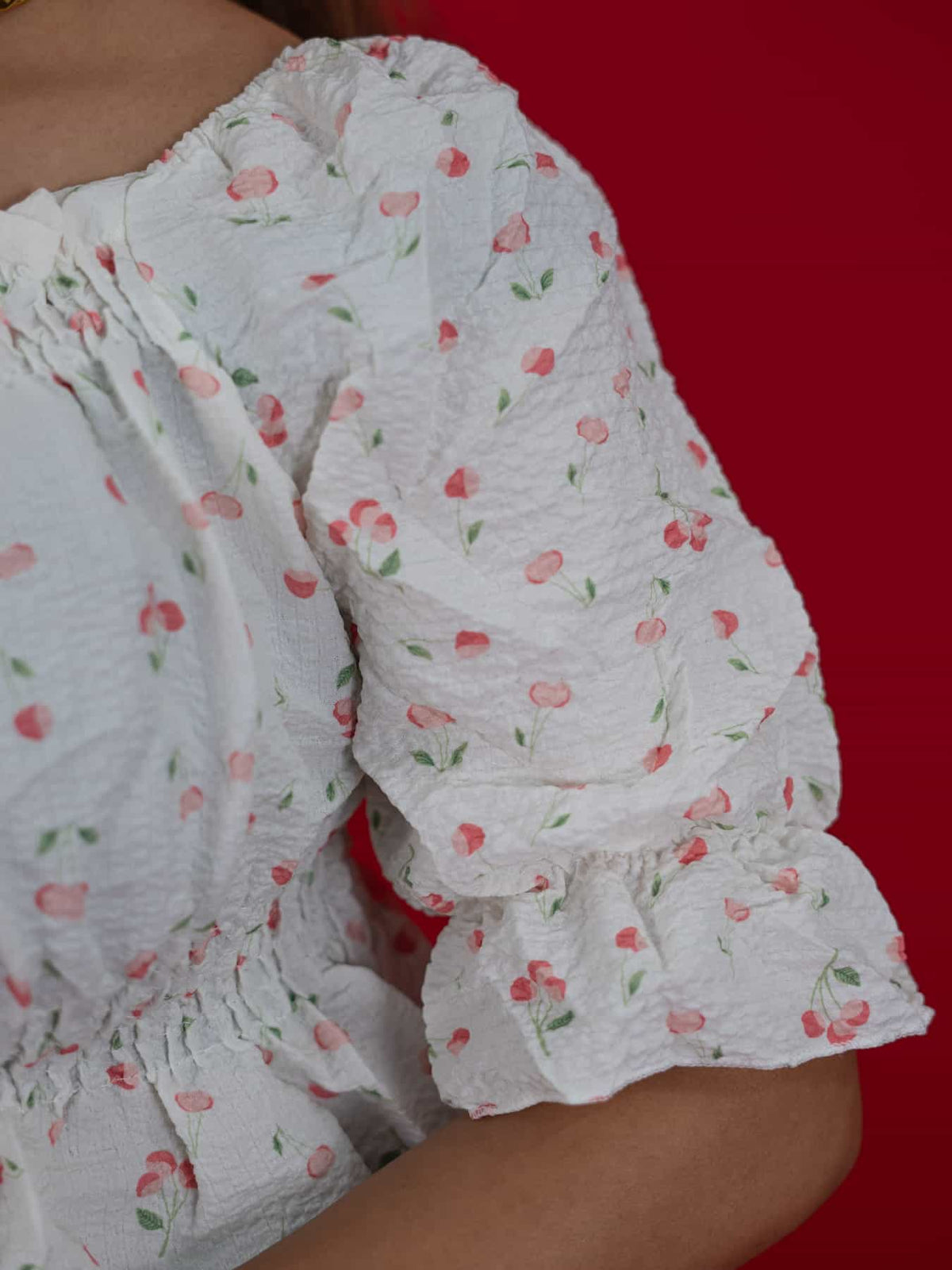 Women's Floral Smocking Waist Half Sleeve White Top, white floral print crop top for women