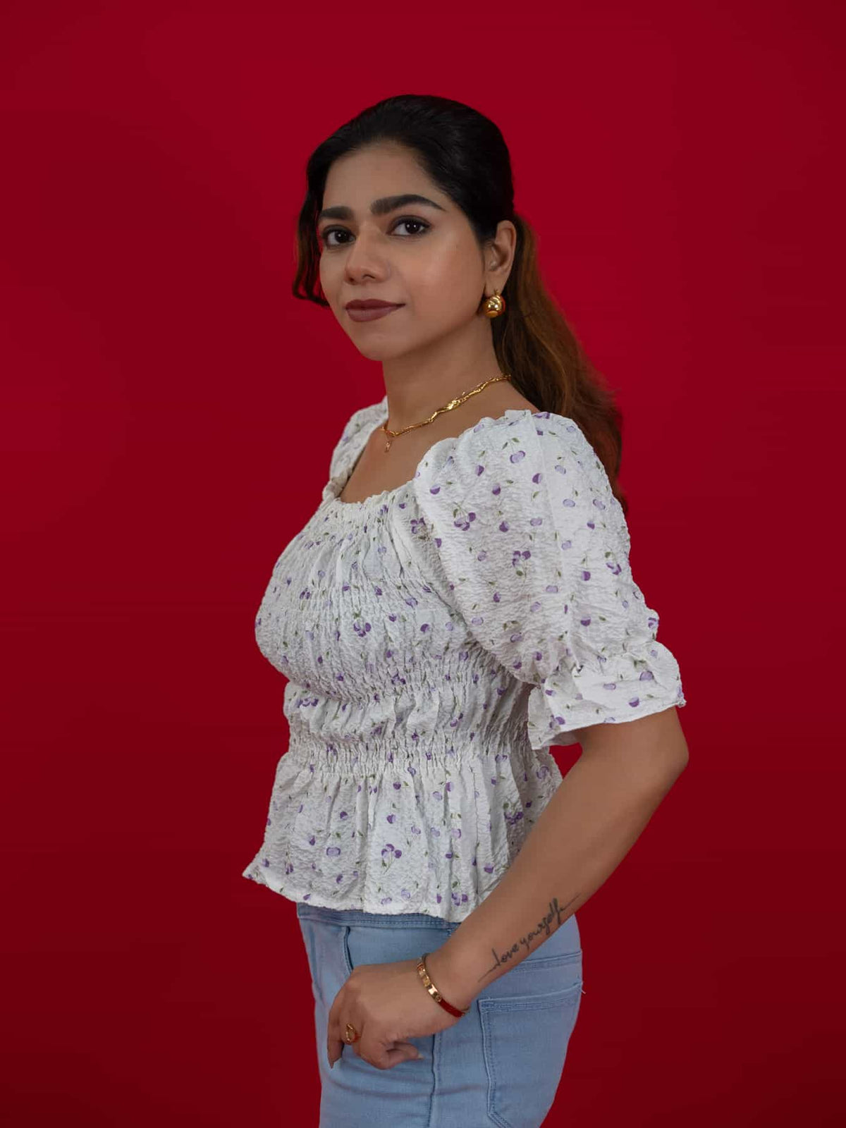 Women's Floral Smocking Waist Half Sleeve White Top, white floral print crop top for women