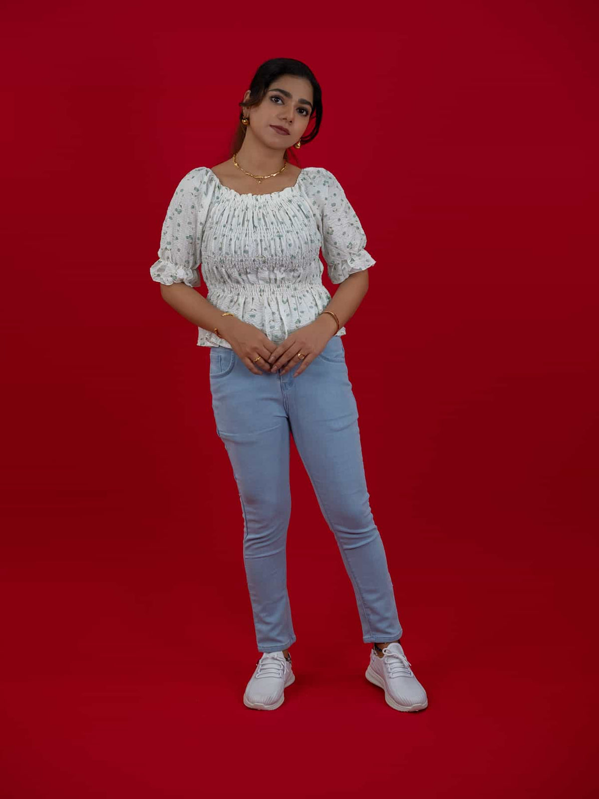 Women's Floral Smocking Waist Half Sleeve White Top, white floral print crop top for women