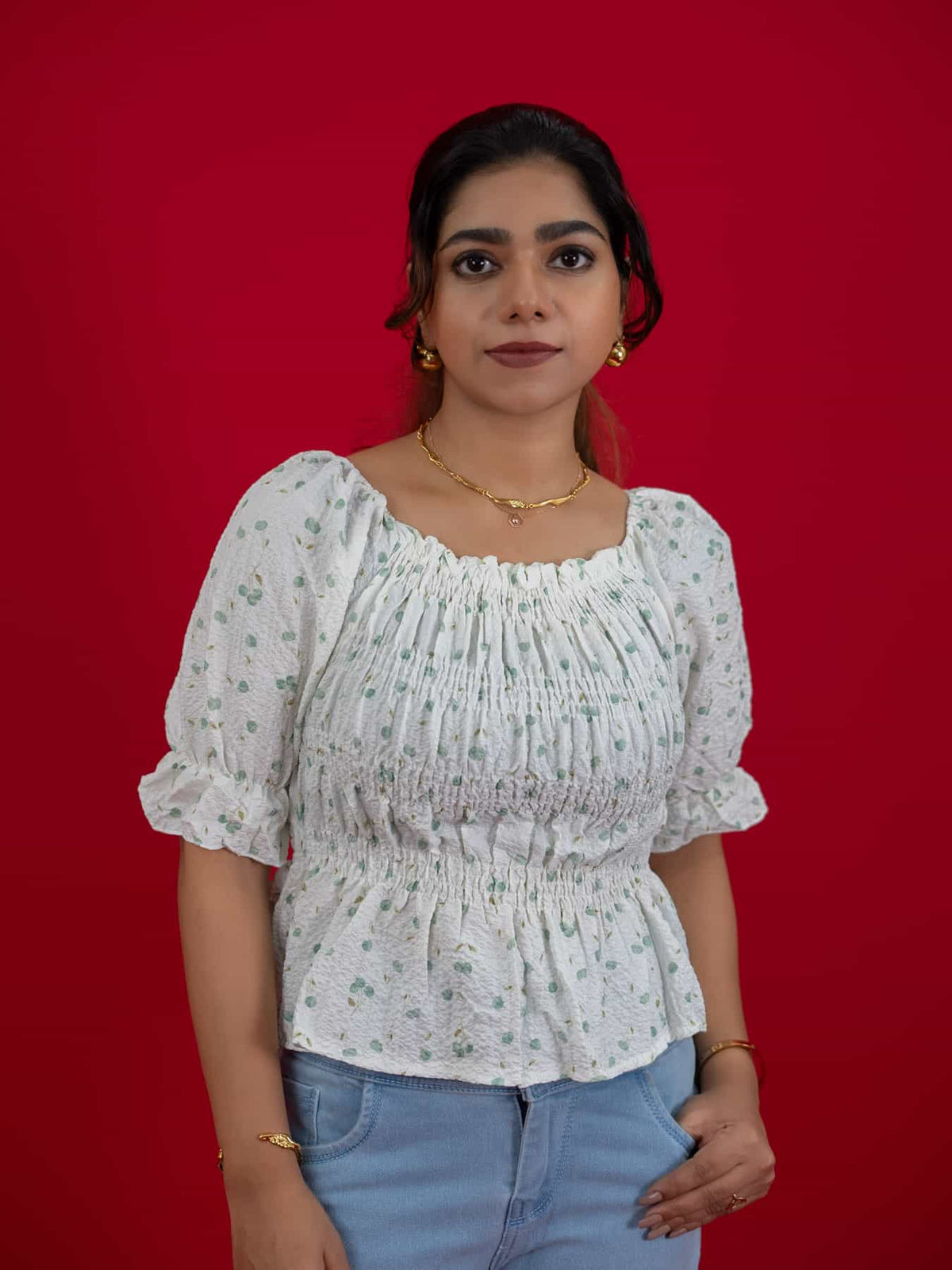 Women's Floral Smocking Waist Half Sleeve White Top, white floral print crop top for women