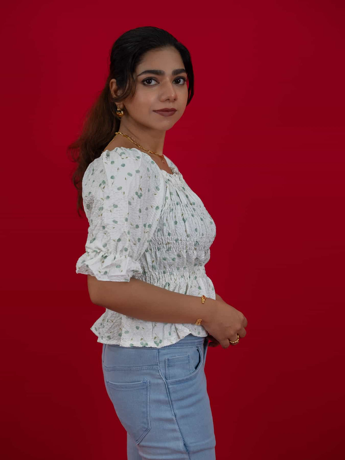 Women's Floral Smocking Waist Half Sleeve White Top, white floral print crop top for women