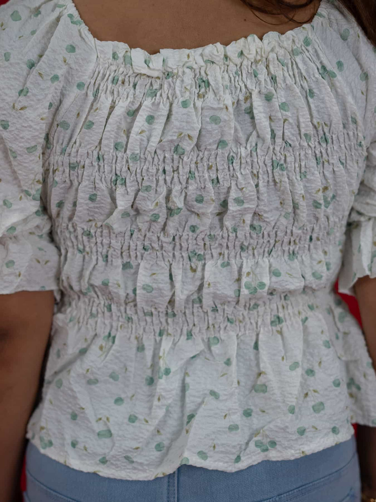 Women's Floral Smocking Waist Half Sleeve White Top, white floral print crop top for women