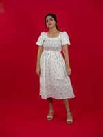 Floral Print White Dress With Square Neck & Puff Sleeves, hakoba dress for women