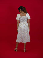 Floral Print White Dress With Square Neck & Puff Sleeves, hakoba dress for women