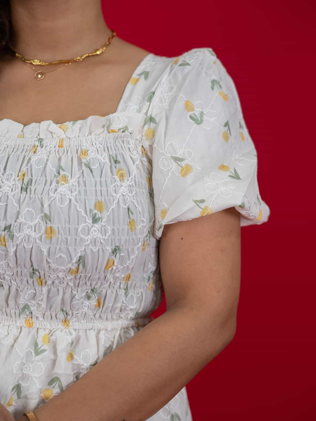 Floral Print White Dress With Square Neck & Puff Sleeves, hakoba dress for women