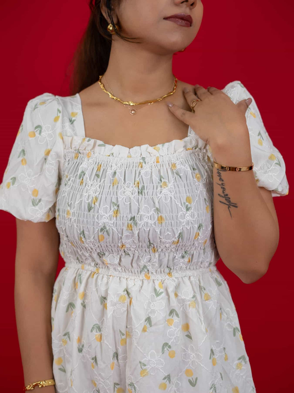 Floral Print White Dress With Square Neck & Puff Sleeves, hakoba dress for women