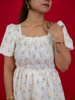 Floral Print White Dress With Square Neck & Puff Sleeves, hakoba dress for women