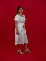 Floral Print White Dress With Square Neck & Puff Sleeves, hakoba dress for women