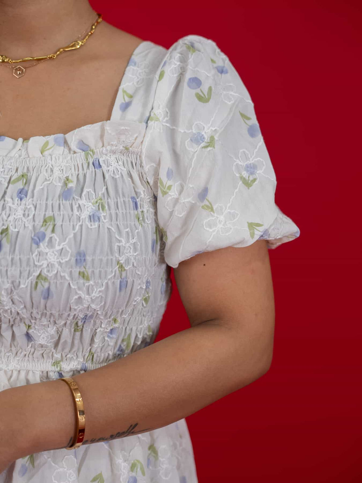 Floral Print White Dress With Square Neck & Puff Sleeves, hakoba dress for women