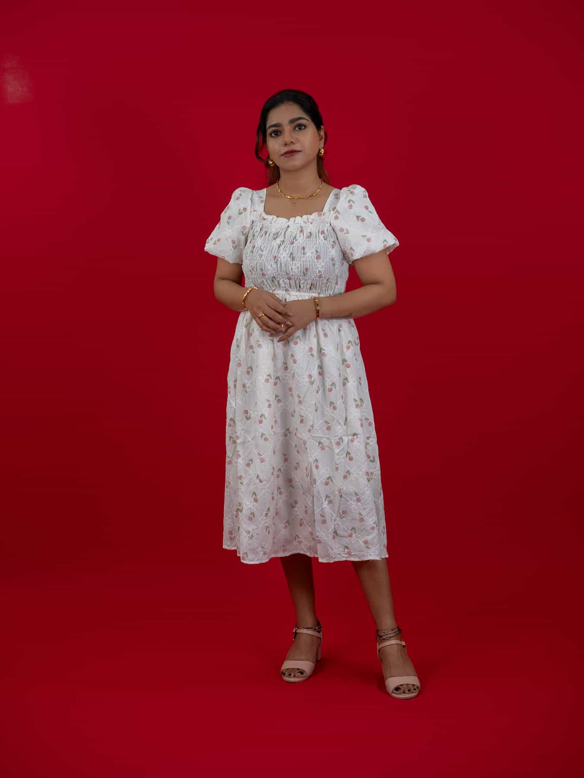 Floral Print White Dress With Square Neck & Puff Sleeves, hakoba dress for women