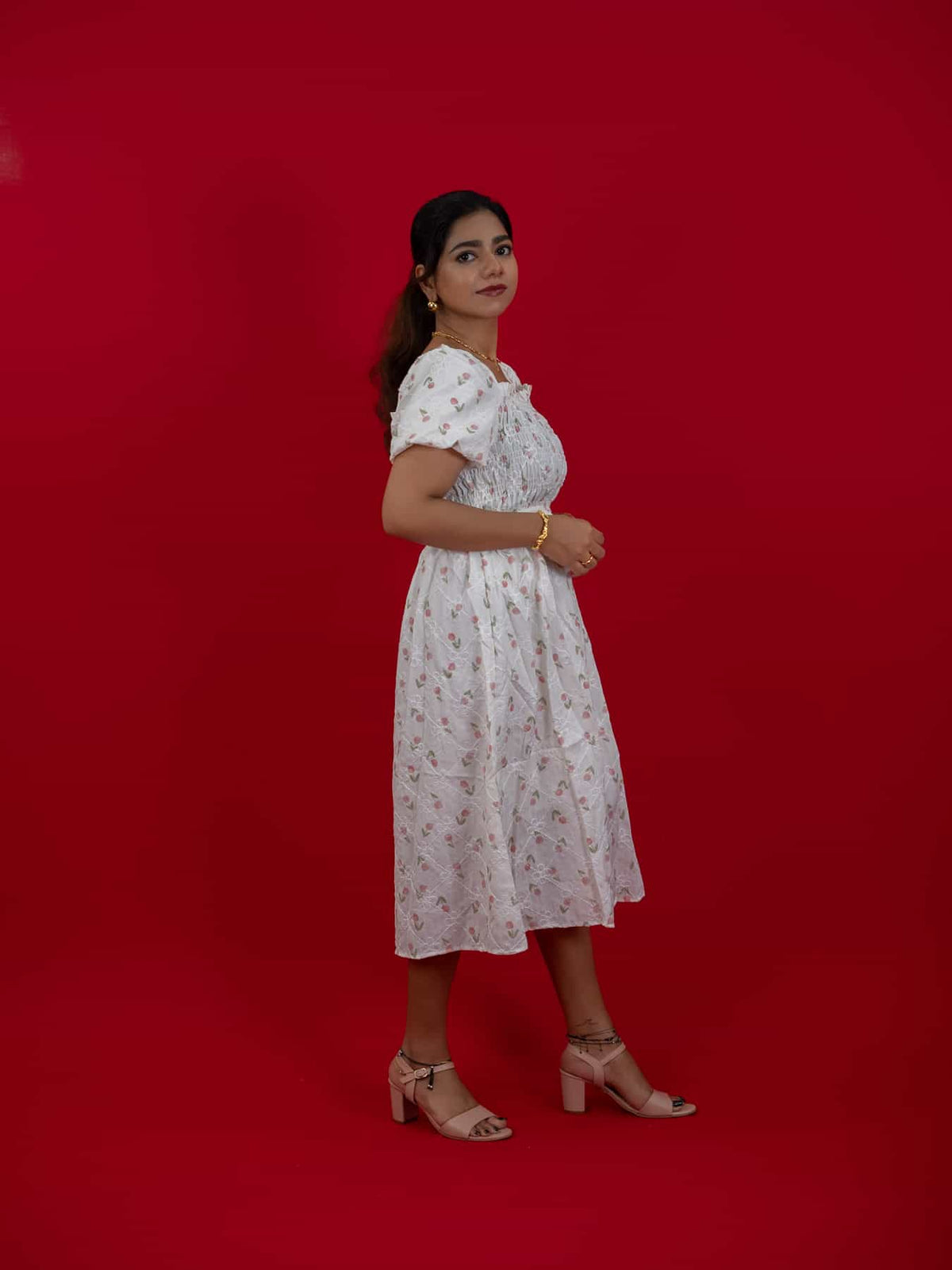 Floral Print White Dress With Square Neck & Puff Sleeves, hakoba dress for women