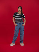 Hollow Crochet Knitwear T-Shirt With Stripes For Women, women striped T Shirt black and white