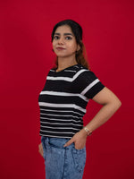 Hollow Crochet Knitwear T-Shirt With Stripes For Women, women striped T Shirt black and white