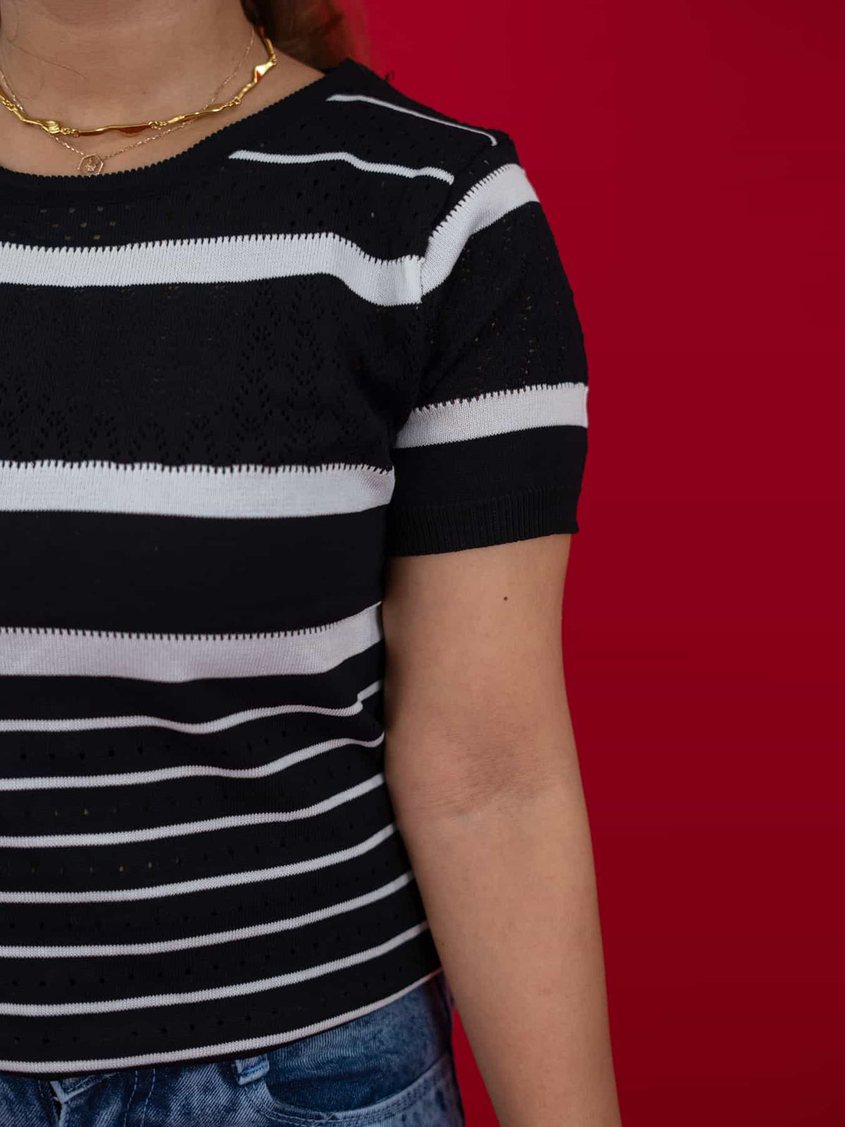 Hollow Crochet Knitwear T-Shirt With Stripes For Women, women striped T Shirt black and white