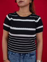 Hollow Crochet Knitwear T-Shirt With Stripes For Women, women striped T Shirt black and white