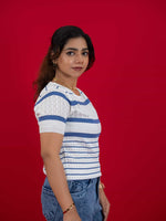 Hollow Crochet Knitwear T-Shirt With Stripes For Women, women striped T Shirt white and blue