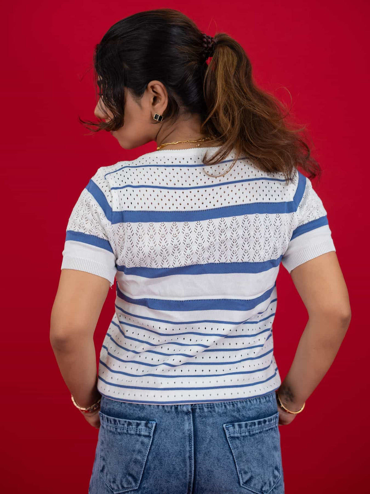 Hollow Crochet Knitwear T-Shirt With Stripes For Women, women striped T Shirt white and blue