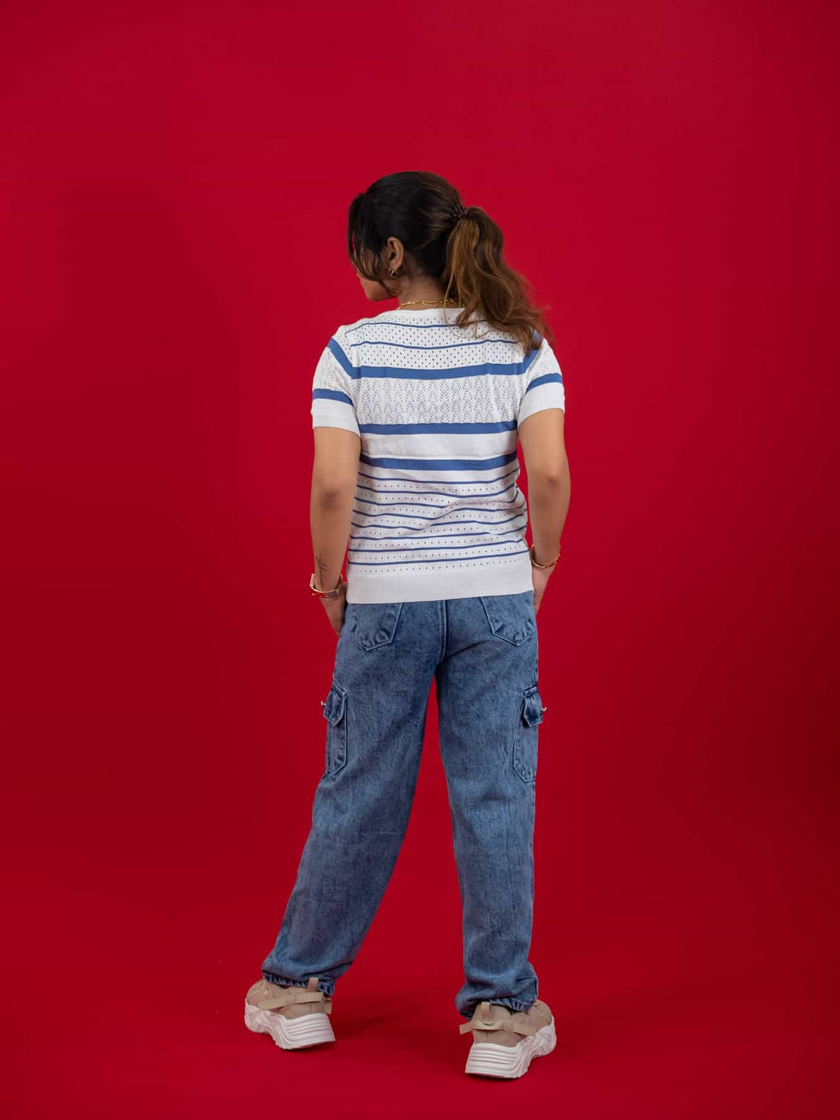 Hollow Crochet Knitwear T-Shirt With Stripes For Women, women striped T Shirt white and blue