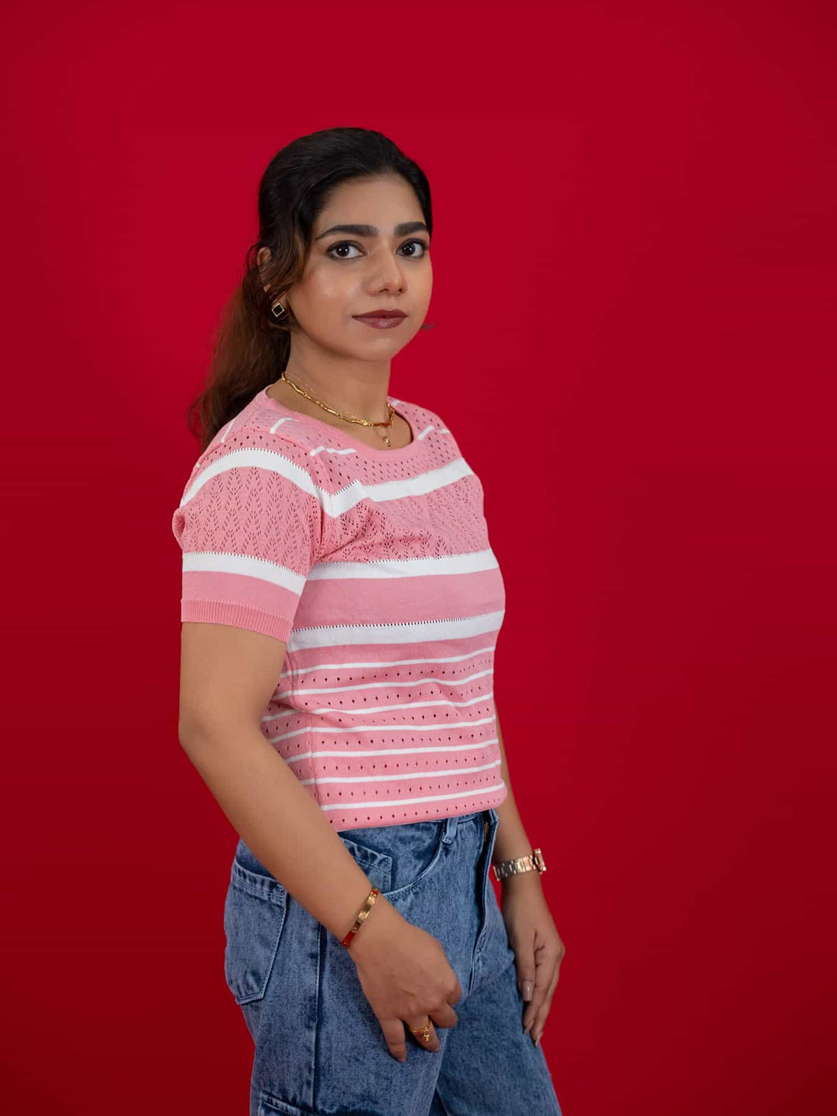 Hollow Crochet Knitwear T-Shirt With Stripes For Women, women striped T Shirt pink