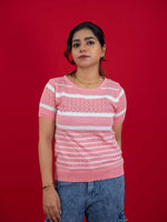 Hollow Crochet Knitwear T-Shirt With Stripes For Women, women striped T Shirt pink
