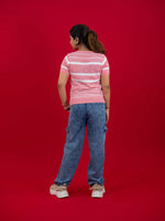 Hollow Crochet Knitwear T-Shirt With Stripes For Women, women striped T Shirt pink