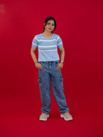 Hollow Crochet Knitwear T-Shirt With Stripes For Women, women striped T Shirt blue