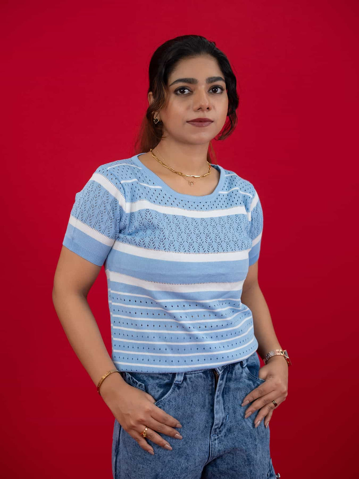 Hollow Crochet Knitwear T-Shirt With Stripes For Women, women striped T Shirt blue