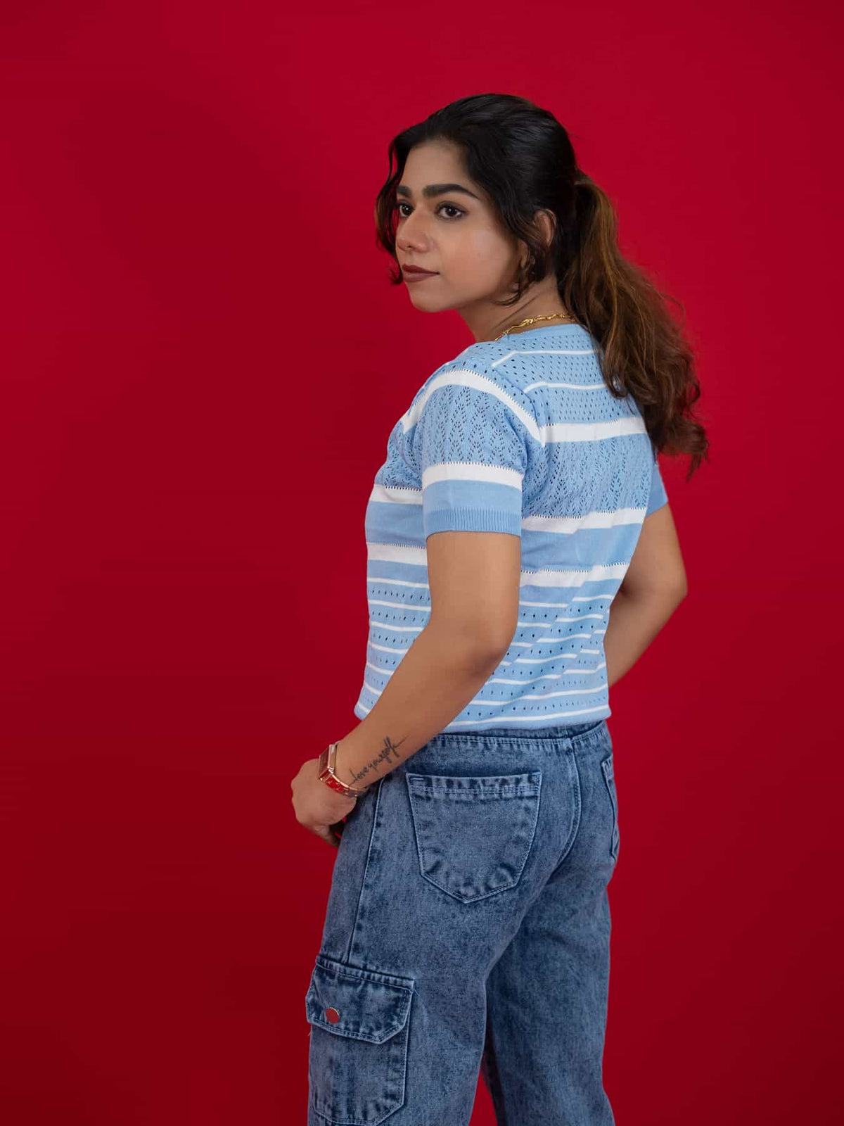 Hollow Crochet Knitwear T-Shirt With Stripes For Women, women striped T Shirt blue