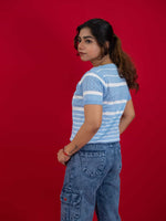 Hollow Crochet Knitwear T-Shirt With Stripes For Women, women striped T Shirt blue