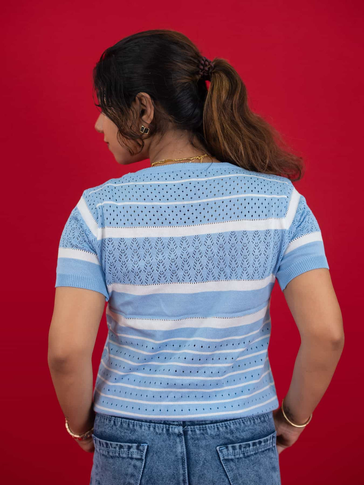 Hollow Crochet Knitwear T-Shirt With Stripes For Women, women striped T Shirt blue