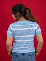 Hollow Crochet Knitwear T-Shirt With Stripes For Women, women striped T Shirt blue
