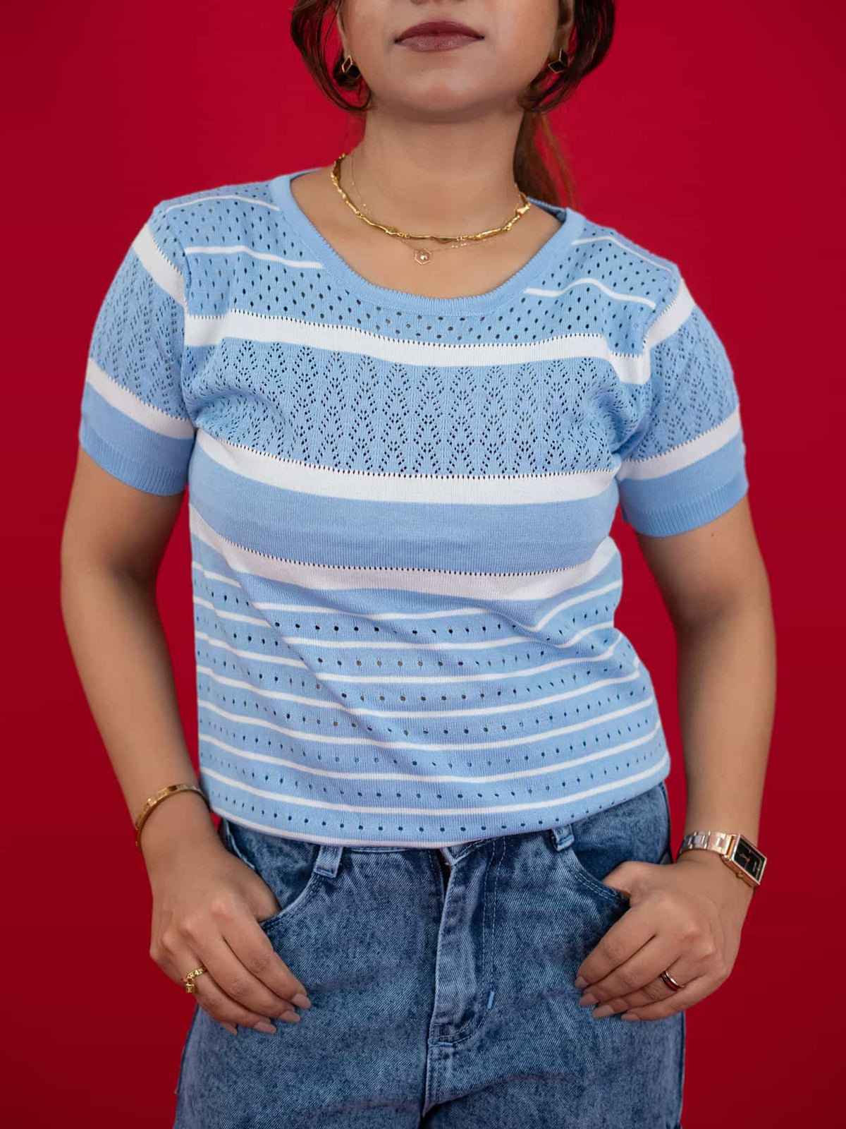 Hollow Crochet Knitwear T-Shirt With Stripes For Women, women striped T Shirt blue