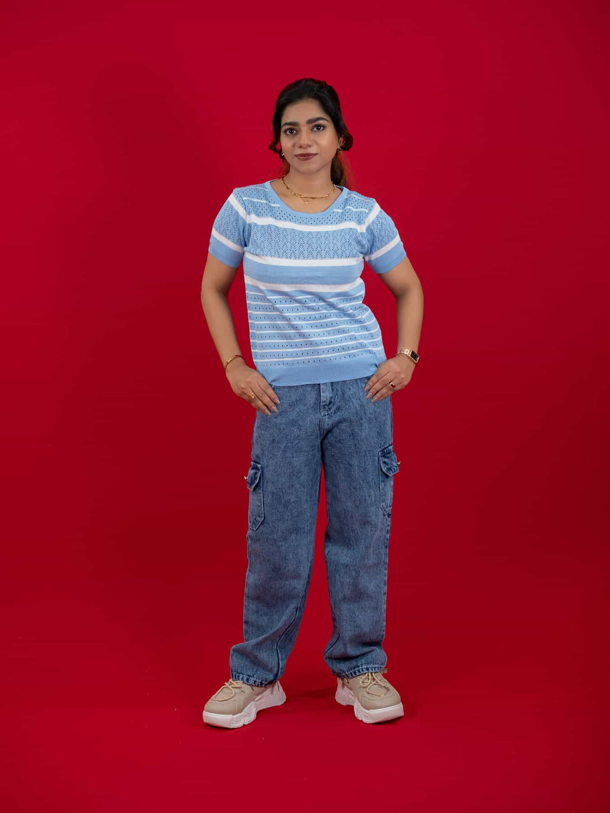 Hollow Crochet Knitwear T-Shirt With Stripes For Women, women striped T Shirt blue