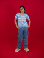 Hollow Crochet Knitwear T-Shirt With Stripes For Women, women striped T Shirt blue