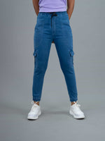 Women Jogger Fit Mid Waist Cargo Blue Jeans, jogger for women