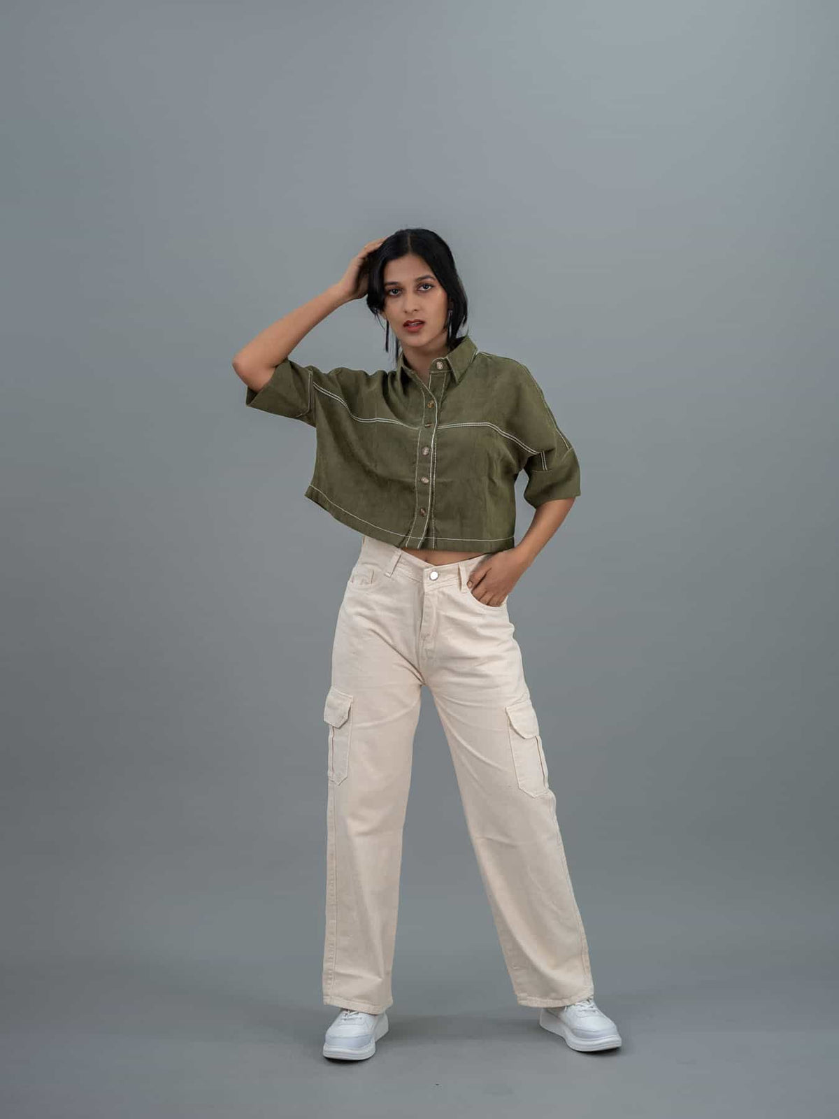 Straight Fit High Waist Cargo Jeans For Women (6 Pocket), Women high waist cargo jeans straight fit cream