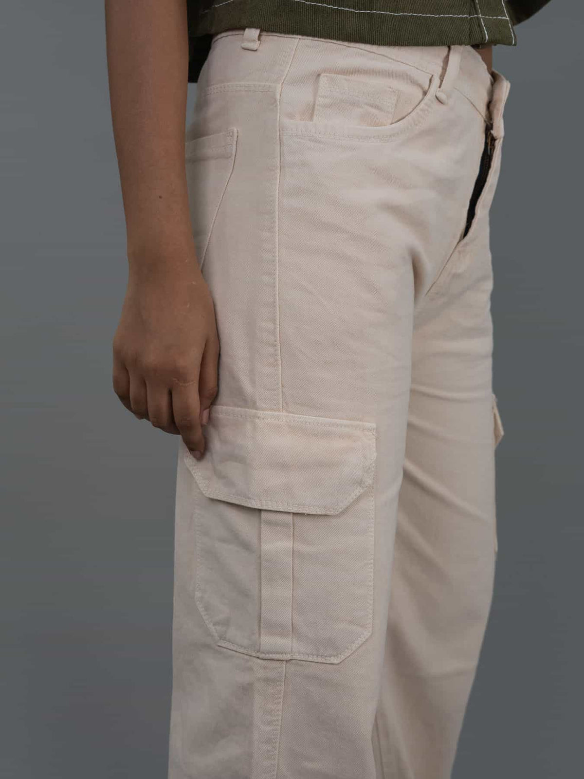 Straight Fit High Waist Cargo Jeans For Women (6 Pocket), Women high waist cargo jeans straight fit cream